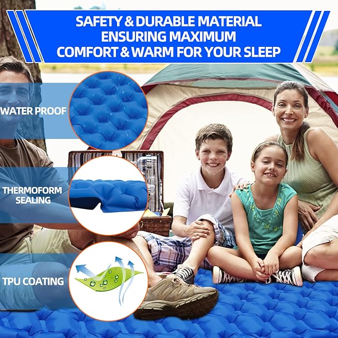 Self-Inflating Sleeping Pad, Ultralight Inflatable Sleeping Pad with Pillow, Built-in Pump Foot Press Waterproof Durable Camping Sleeping Pad for Backpacking, Hiking, Traveling (Dark Blue)