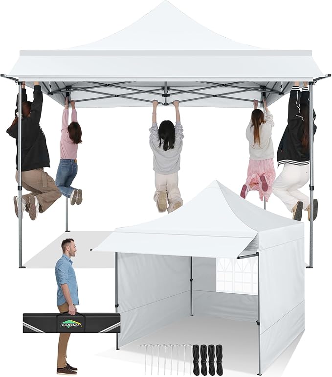 COBIZI 10x10 Pop Up Canopy Tent with Awning,Heavy Duty Canopy UPF 50+ All Season Wind Waterproof Commercial Outdoor Street Vendors Party Tents for Parties Canopy with Carry Bag(10 x 10 ft White)