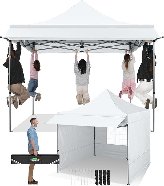 COBIZI 10x10 Pop Up Canopy Tent with Awning,Heavy Duty Canopy UPF 50+ All Season Wind Waterproof Commercial Outdoor Street Vendors Party Tents for Parties Canopy with Carry Bag(10 x 10 ft White)