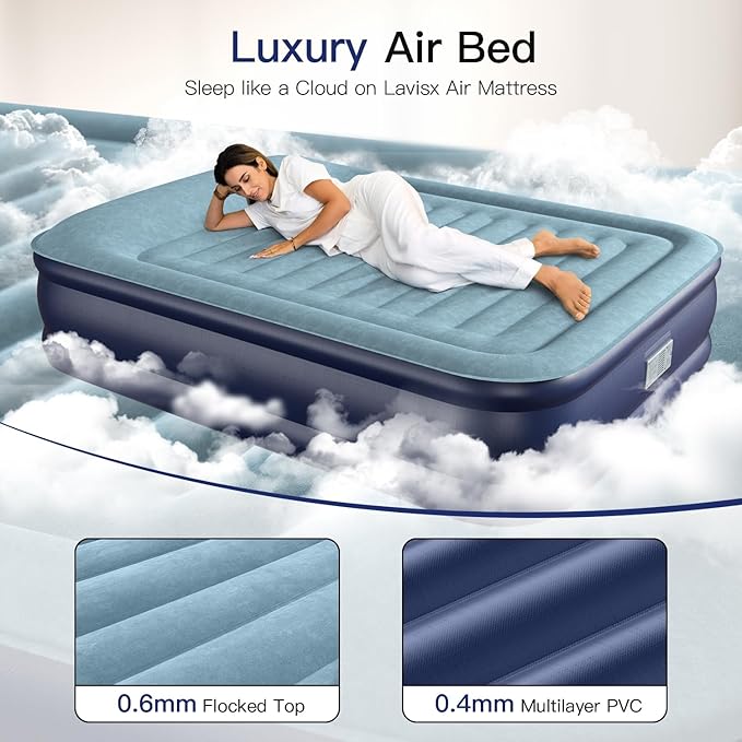 Queen Air Mattress 20” Top Pillow with Built in Pump, 2 Mins High Speed Inflation Luxury Auto Stop Pump Blow Up Mattress Comfort Air Bed, Colchones Inflables