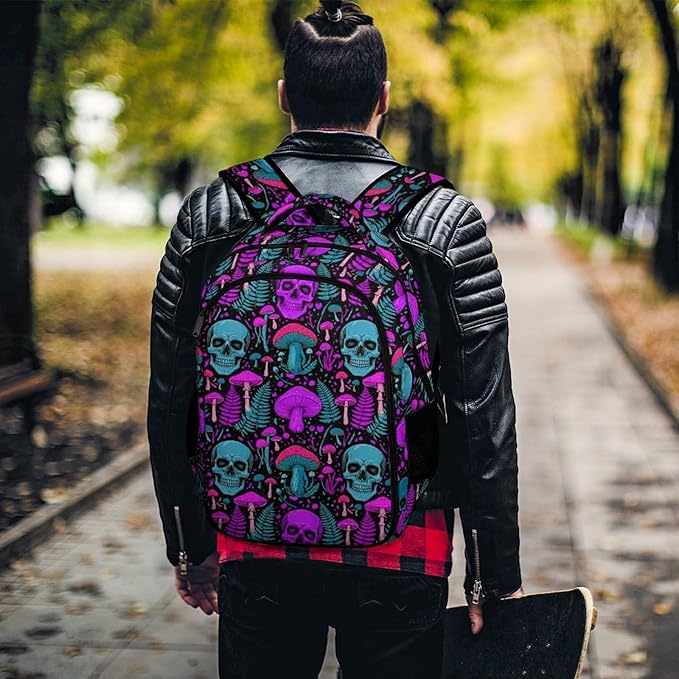 Large Capacity Travel Backpack Purple Leaf Trippy Mushroom Eye Skull, Carry On Anti Theft Laptop Backpack with Multi Compartments for Business Weekender Hiking