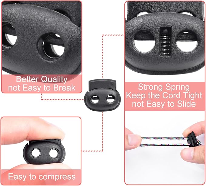 25 Pack Plastic Small Spring Cord Lock for Drawstring Replacement, Elastic Shoelaces Clip Double Hole Paracord Toggle Stopper for Sweatpants Flashlight Glove Hats Hoodie String Lock
