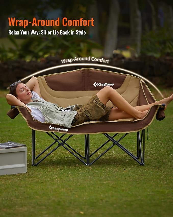 KingCamp Double Camping Chair, Oversized 660lbs Heavy Duty Loveseat for Adults Portable Folding XL 2 Person Couch Padded Comfortable Two Seat with Cup Holder for Outdoor Lawn Backyard, Khaki/Coffee