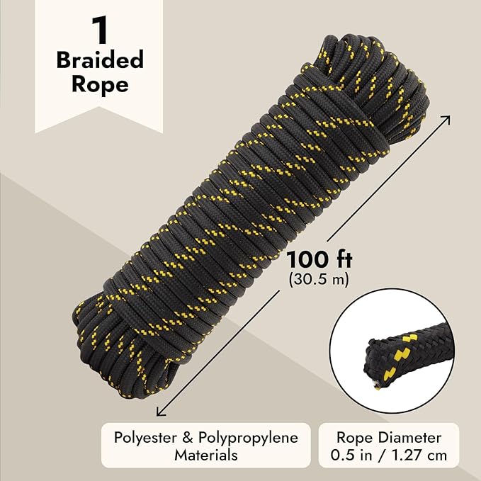 Diamond Braided Rope - 1/2 in x 100 ft, Black & Yellow - Polyester Heavy Duty Rope for Camping, Outdoor Gear & Emergency Tent Setup