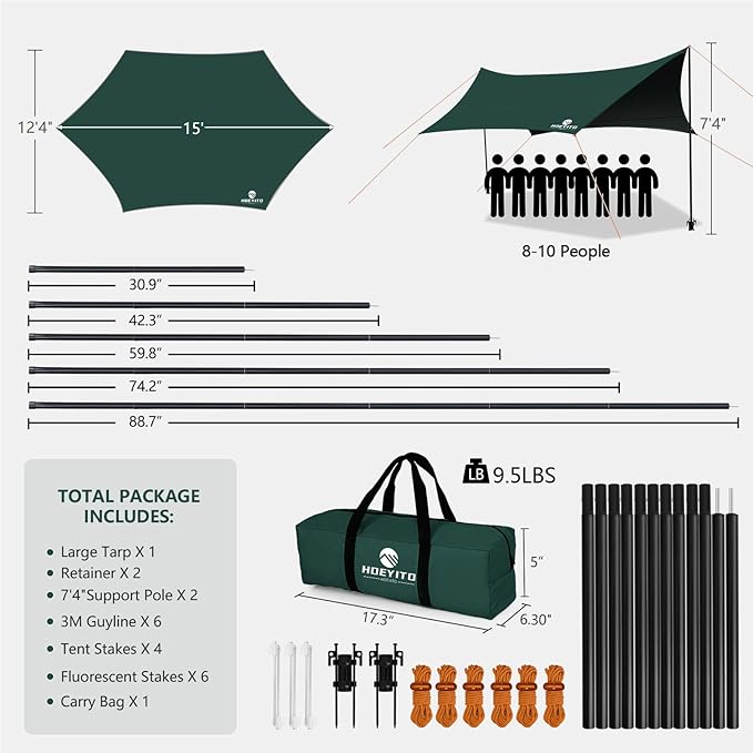 Camping Tarp with Poles & Retainer,15x12.5FT Large Waterproof 210D Oxford Cloth Camping Canopy, Anti-UV UPF100+ Tent Tarp for Outdoor, Picnic, Car, Hammock, Backpacking (Green-Black)