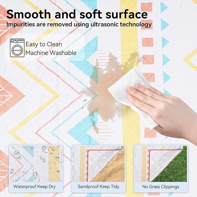 Picnic Blanket Waterproof – Large Sandproof Beach Blanket & Beach Mat, Foldable Machine Washable Outdoor Lawn Blanket, Stadium Blanket & Outside Blankets for Grass, Camping, Park, Travel