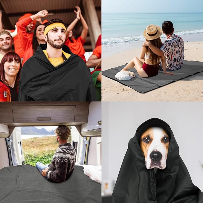 Fleece Waterproof Outdoor Blanket - Windproof Stadium Blanket for Camping, Picnics, and Sports Stay Dry and Comfortable 80"x 58"(Black)