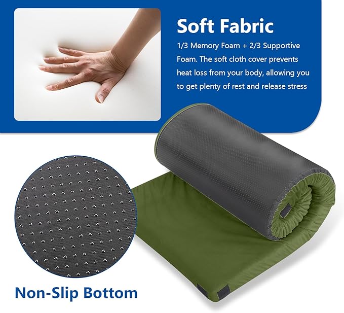 2.5 inch Camping Mattress Pad,Memory Foam Camping Mattress,Single Small Portable Roll Up Camping Sleep Topper with Waterproof and Non-Slip Bottom, Camping Car Mat with Travel Bag, 75"×30"×2.5", Green
