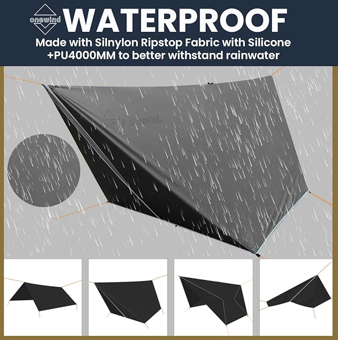 Onewind 11×10 ft Hammock Tarp, Lightweight Silnylon Hammock Rain Fly, 4000mm Waterproof 4-Season Multiple Shelter Solution Camping Tarp Tent with Complete Accessories, Dark Grey