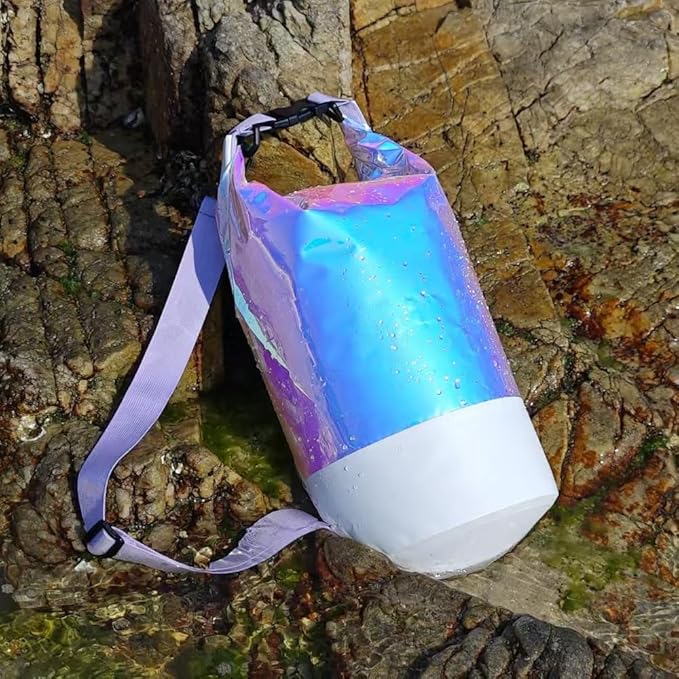 10L PVC Holographic Waterproof Dry Bag, Double Shoulder Strap Beach Swimming Backpack, Crossbody Waterproof Bucket Bag for Kayaking, Boating, and Outdoor Sports (10L)