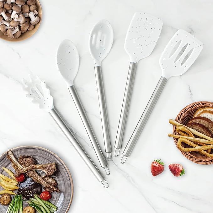 COOK WITH COLOR Silicone Cooking Utensils, Kitchen Utensil Set, Easy to Clean Silicone Kitchen Utensils, Cooking Utensils for Nonstick Cookware, Kitchen Gadgets Set, 5 Pieces, Speckled White