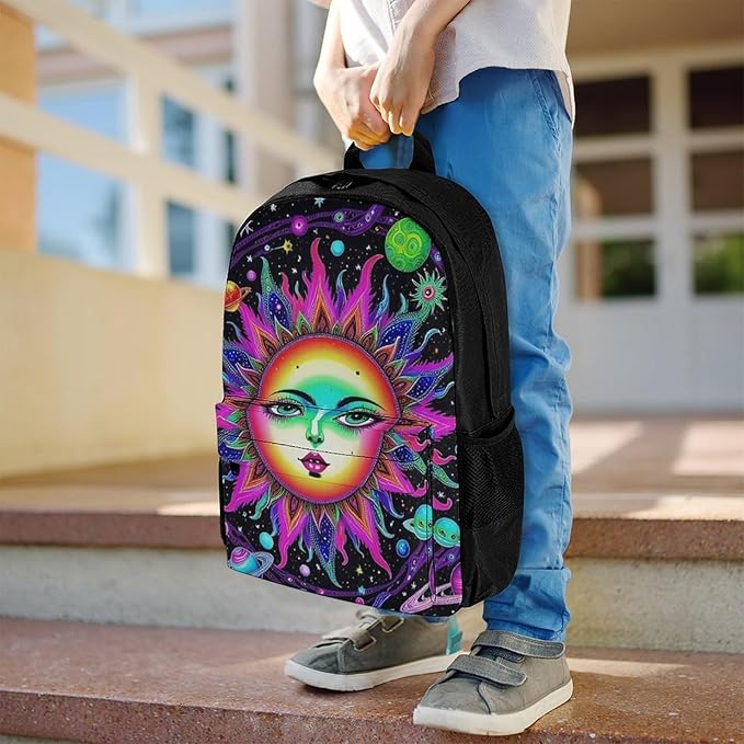 Supdreamc Men Women Lightweight Psychedelic Sun And Moon Neon Art Daypack Bookbag Big Capacity Carry On Bag With Side Pockets for Camping Travel Bicycle