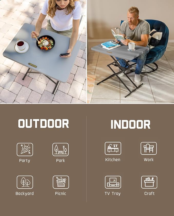 FanttikOutdoor Folding Table, One-Handed Height Adjustment, 3 Heights, Multi-Functional Small Folding Table 28 inch, TV Tray, Portable Dinner Table, No Assembly, 2-Pack, Grey Zeta X1 Pro