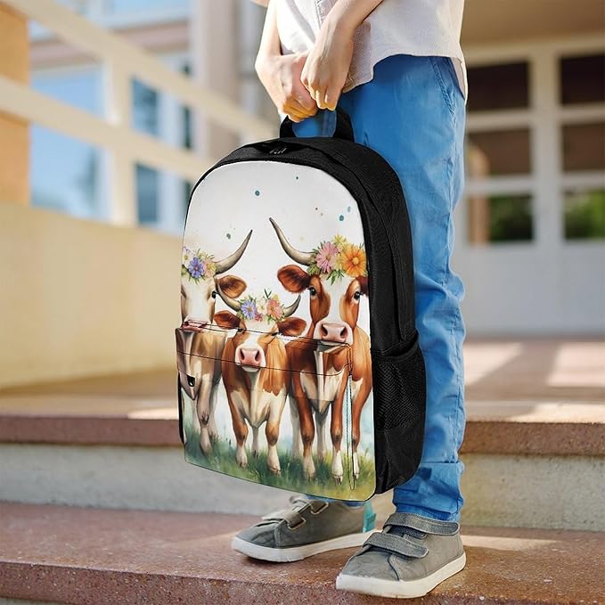 Supdreamc Polyester Daypack Backpack for Sports Travel Running, Big Capacity Anti-Theft Multipurpose Carry On Bag, Cute Highland Cow Family Laptop Book Bag Rucksack