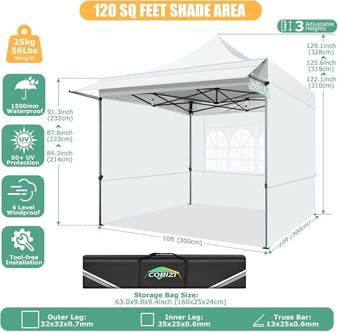 COBIZI 10x10 Pop Up Canopy Tent with Awning,Heavy Duty Canopy UPF 50+ All Season Wind Waterproof Commercial Outdoor Street Vendors Party Tents for Parties Canopy with Carry Bag(10 x 10 ft White)