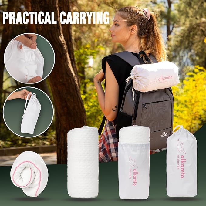 alkamto Travel & Camping Comfortable Memory Foam Pillow – Easy to Carry Portable Bag – Temperature Regulating Pillow Case (Pink + Extra Cover)
