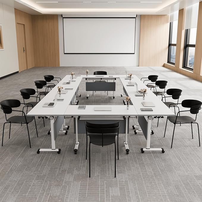 Modular Conference Room Table, Folding Seminar Desk with Wheels, Large Mobile Office Meeting Table for Classroom Training, Flip-Top Stackable Conference Tables,8 Packs Gray