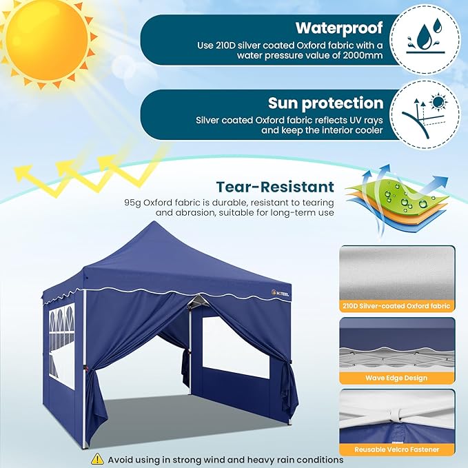 HOTEEL Canopy Tent 10x10 Pop Up Canopy with 4 Removable Sidewalls, Sandbags, Stakes & Ropes, UPF 50+ Easy Setup Canopy Tent Waterproof Outdoor Instant Portable Shelter for Party, Events, Vendor, Navy
