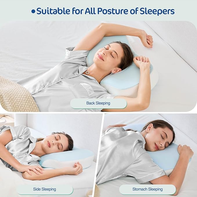 Ergonomic Cervical Pillow, Contour Design for Side & Back Sleepers, Memory Foam Orthopedic Cervical Shape Gently Cradles Head & Provides Neck Support & Shoulder Pain Relief (Blue)