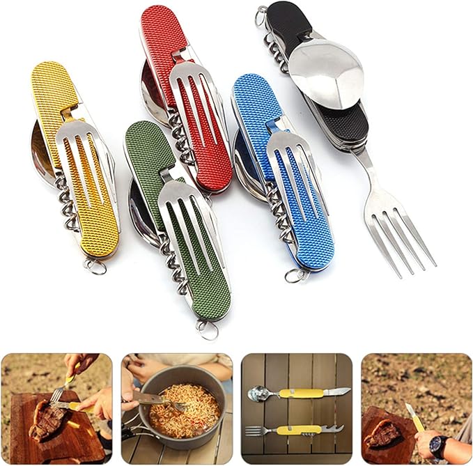 Cluck 6-in-1 Multi-Function Camping Utensil Flatware Set Detachable Spoon Fork Knife Combo Mess Kit with Carrying Pouch (Gold + Black)