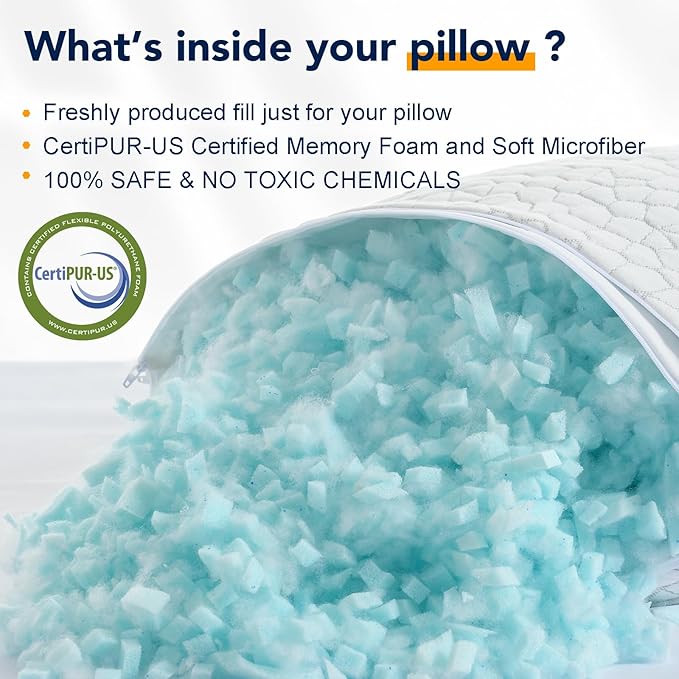 QUTOOL Shredded Memory Foam Pillows for Sleeping Queen Size, Cooling Gel Pillows for Hot Sleepers Adjustable Bed Pillow for Side and Back Sleeper, Breathable, Neck Support, White, Gift for Women Men