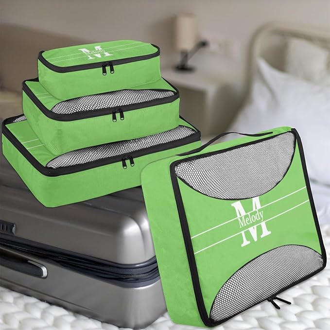 Personalized Packing Cubes, Set of 4 with Zipper Handles for Women Boys, Custom Name Travel Suitcases Luggage Packing Organizers, Lime Green Background with Initial