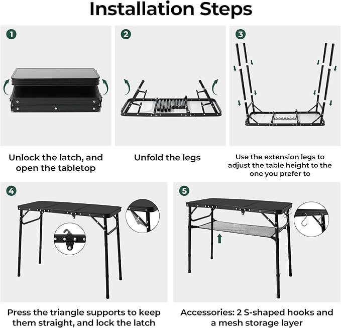 Folding Camping Table with Storage Net,3ft Portable Aluminum Picnic Table with 3 Adjustable Height Max 27.3 Inch for Outdoor Backyard BBQ Camp Cooking Tents Beach Indoor Bedroom(Black)