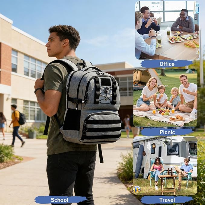 Laptop Lunch Backpack for Men - 40L Large Capacity Work Backpack with Lunch Compartment and USB Post, RFID Insulated Cooler Backpack for Work, Travel, Picnic, Black+Gray