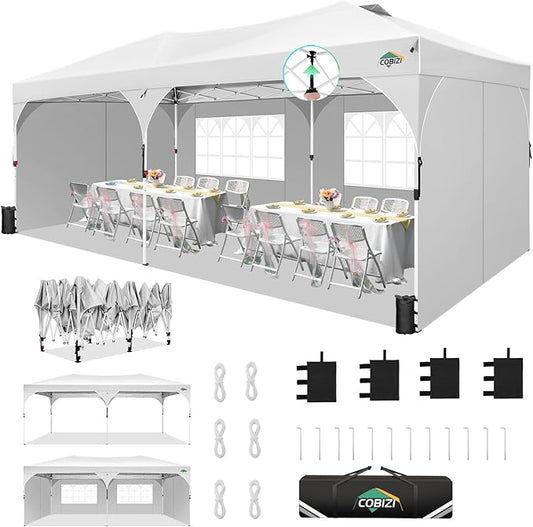 COBIZI 10x20 Pop Up Canopy Tent with 4 Sidewalls, Instant One-Push Setup, Commercial Canopy with Air Vent & Reflective Strip, UPF 50+ Waterproof Party Tent with Sandbags & Stakes for Events (White)