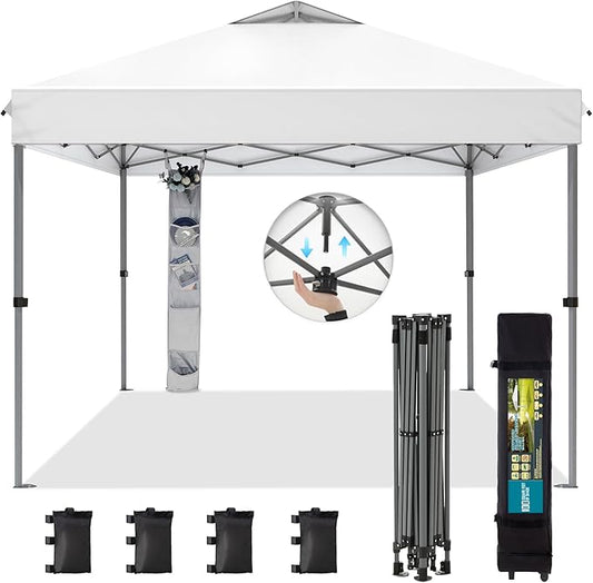 GREEN PARTY 10x10 ft Pop Up Canopy Tent, 1-Person Setup Instant Outdoor Canopy with Vented Top, Wheeled Carry Bag, 4 Ropes & 4 Sandbag -White