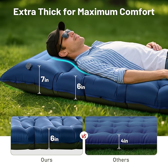 KASBAH Camping Sleeping Pad,6 inch Thick Inflatable Camping Mattress with Built-in Foot Pump and Pillow,Ultralight Sleeping Mat Backpacking Gear for Outdoor Hiking,Camping, Traveling and Tent