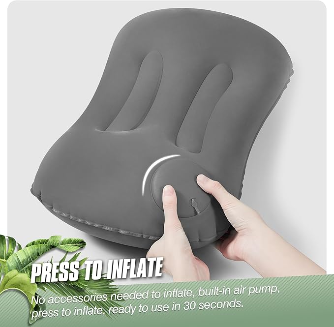 2-Pack Inflatable Camping Pillow, Portable Travel Pillow for Sleeping, Lightweight Compact Inflatable Pillows for Beach, Hiking, Backpacking, Airplane Travel, Press-to-Inflate Design (Grey)