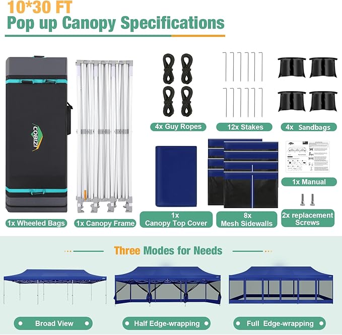COBIZI 10x30 Canopy Tent, Heavy Duty Pop up Canopy with Sidewalls, Waterproof Easy Setup Canopy with Mosquito Netting, Outdoor Instant Screen Tents for Parties, Wedding with Roller Bag, Dark Blue