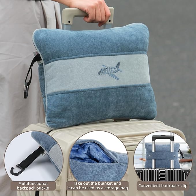 Melissa Large Travel Blanket and Inflatable Pillow Set - 69โ x 43.3โ โ Soft Blanket with Carry Bag โ Lightweight, Compact & Washable for Backpacking, Hiking, Airplane, Car, Office, Camping (Blue)