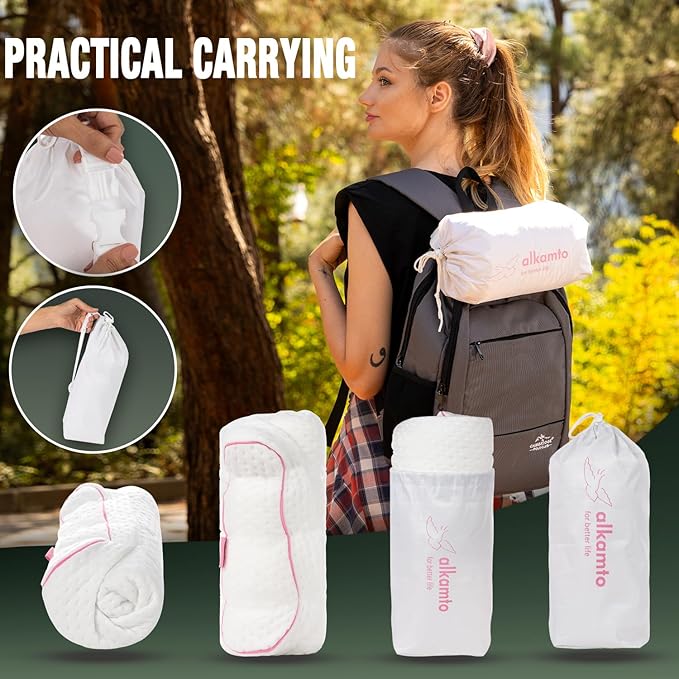 alkamto Travel & Camping Comfortable Memory Foam Pillow – Easy to Carry Portable Bag – Temperature Regulating Pillow Case (Pink Contour + Extra Cover)