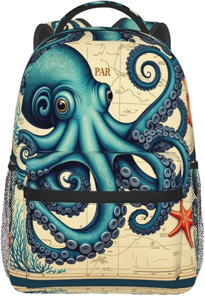 Backpack Polyester Anti-Theft Multipurpose Retro Octopus Art Bookbag Large Capacity Laptop Book Bag Rucksack With Side Pockets