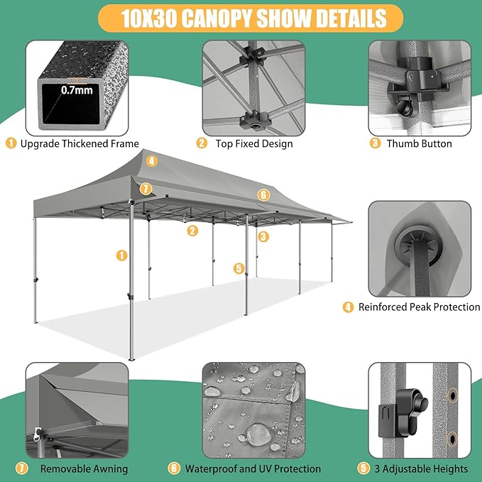 COBIZI 10x30 Pop Up Canopy Tent with Awning,Heavy Duty Canopy UPF 50+ All Season Wind Waterproof Commercial Outdoor Street Vendors Party Tents for Parties Canopy with Roller Bag(10 x 30 ft Gray)
