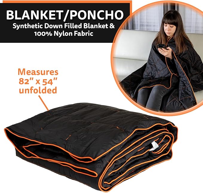 NAPRO Ripstop Outdoor Camping Pillow 3-in-1, Versatile Lightweight Nylon Waterproof Stadium Blanket, Ultralight Backpacking Essentials, Travel Set - Black and Orange