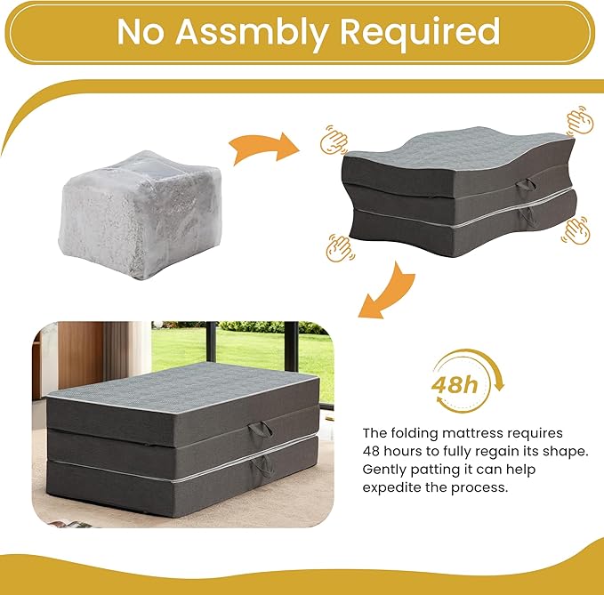 Tri Folding Mattress King Size - 6 Inch Dual-Layer Memory Foam Foldable Mattress Portable Floor Bed Sofa with Removable Washable Cover, Handle & Non-Slip Bottom for Guest, Camping, RV, Yoga, Home Use