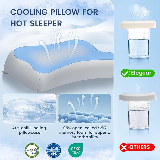 Elegear Deep Sleep Cooling Neck Pillow, Zero-Pressure Tech Orthopedic Pillow Provides Ultra-Soft Cloud Support&Breathable, Ergonomic Contour Cervical Pillow for Neck Pain Relief for Side&Back Sleeper