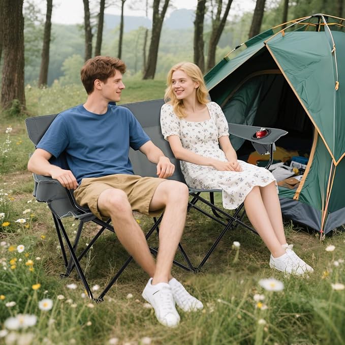 Goplus Double Camping Chair, Oversized Heavy Duty Camping Loveseat for Adults, Portable Folding 2 Person Camping Chair with Cup Holder for Outdoor Lawn Beach Backyard