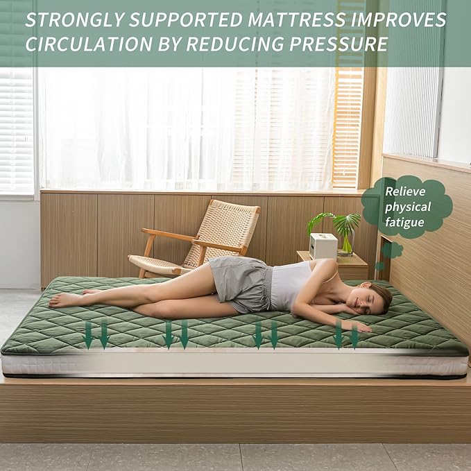 MAXYOYO Japanese Floor Futon Mattress, Extra Thick Mattress Topper Twin Bed Pad Roll Up Foldable Single Mat, Diamond Patterned Japanese Futon Bed, Green