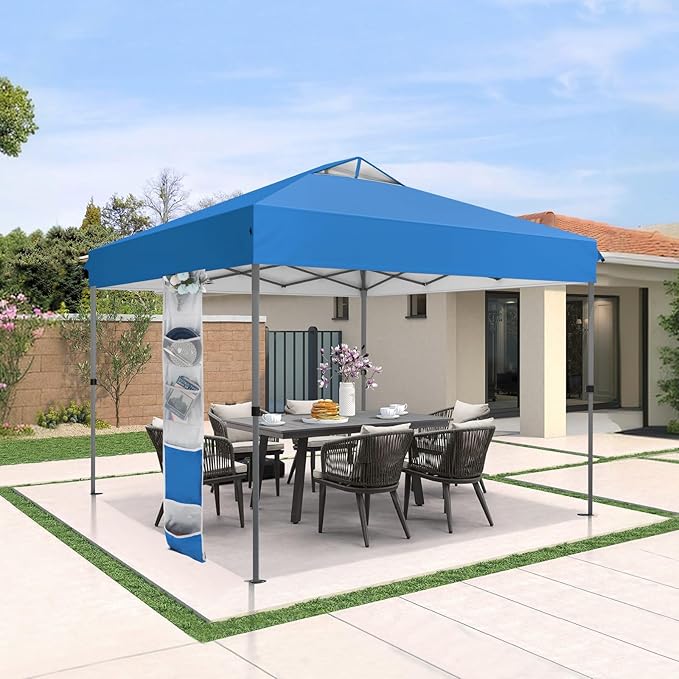 GREEN PARTY 10x10 ft Pop Up Canopy Tent, 1-Person Setup Instant Outdoor Canopy with Vented Top, Wheeled Carry Bag, 4 Ropes & 4 Sandbag -Blue