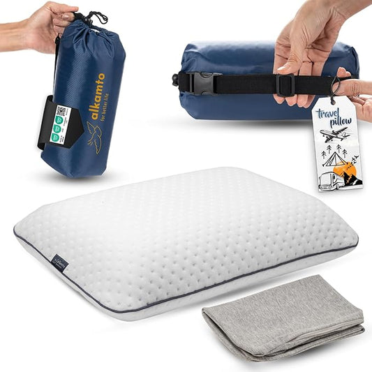 alkamto Travel & Camping Comfortable Memory Foam Pillow – Easy to Carry Portable Bag – Temperature Regulating Pillow Case (White + Extra Cover)