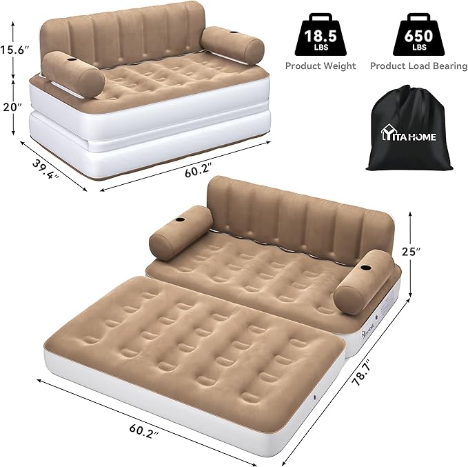 YITAHOME Queen Size Inflatable Sofa Bed with Headboard and Pump, Convertible Blow Up Couch, 2-in-1 Brown Air Sofa Bed for Home, Camping, and Guests, Brown