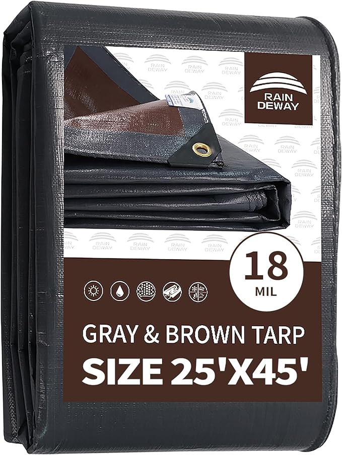 RAINDEWAY 25x45 Feet Super Heavy Duty Tarp 18 Mil, UV Resistant, Weatherproof, Multipurpose Waterproof Poly Tarp with Grommets and Reinforced Edges, Brown/Gray Tarps