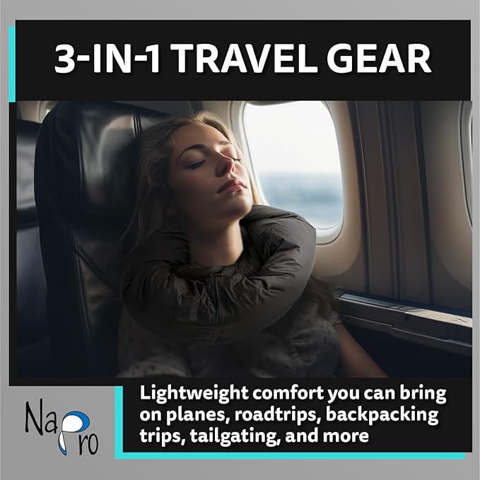 NAPRO Ripstop Outdoor Camping Pillow and Blanket 3-in-1, Versatile Lightweight Nylon Waterproof Stadium Blanket, Ultralight Backpacking Essentials, Travel Blanket and Pillow Set - Black/Turquoise