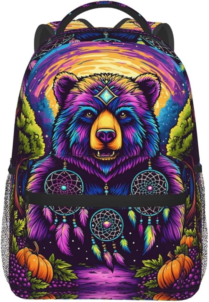 Men Women Polyester Bear Natural Landscape Psychedelic Mysterious Dreamy Art Casual Daypack Large Capacity Carry On Bag With Adjustable Shoulder Straps for Camping Work Running