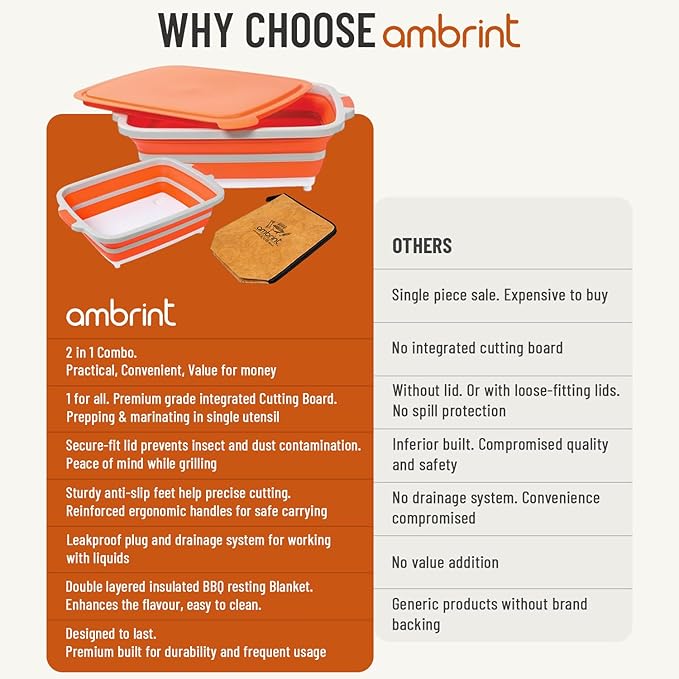 large 16L BBQ Prep Tub with Lid & BBQ Resting Blanket, Collapsible Cutting Board for Brisket & Vegetables, BBQ Tray for Meal Prep Marinating,Versatile Kitchen Container for Meat, Food Storage
