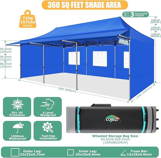 COBIZI 10x30 Pop Up Canopy Tent with Awning,Heavy Duty Canopy UPF 50+ All Season Wind Waterproof Commercial Outdoor Street Vendors Party Tents for Parties Canopy with Roller Bag(10 x 30 ft Blue)